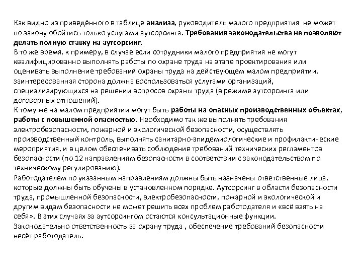Как видно из приведённого в таблице анализа, руководитель малого предприятия не может по закону