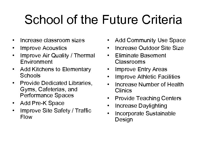 School of the Future Criteria • Increase classroom sizes • Improve Acoustics • Improve