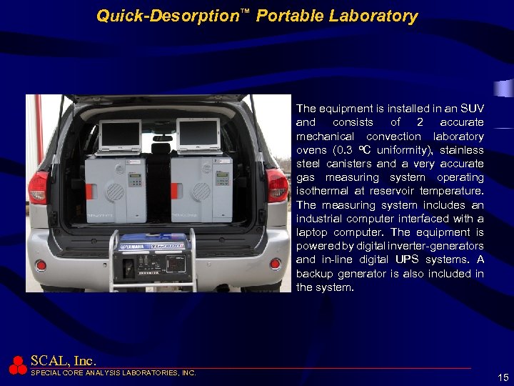 Quick-Desorption™ Portable Laboratory The equipment is installed in an SUV and consists of 2