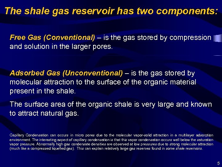 The shale gas reservoir has two components: Free Gas (Conventional) – is the gas