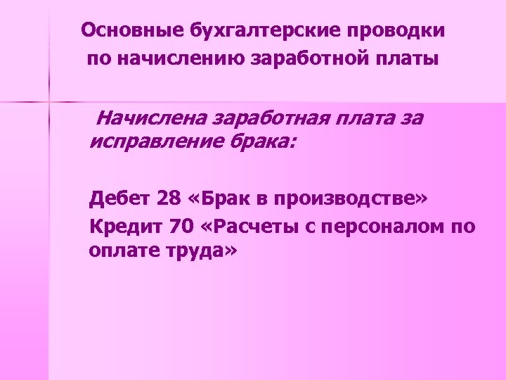 Основные бухгалтерские проводки по начислению заработной платы Начислена заработная плата за исправление брака: Дебет