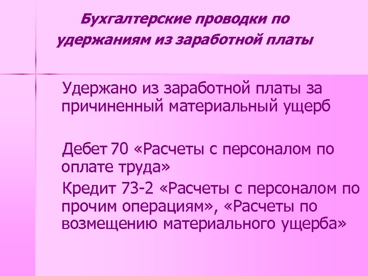 Бухгалтерские проводки по удержаниям из заработной платы Удержано из заработной платы за причиненный материальный