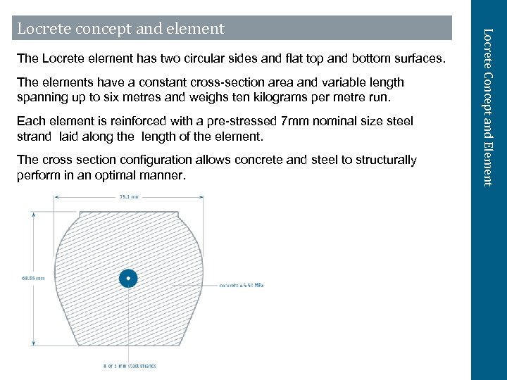 The Locrete element has two circular sides and flat top and bottom surfaces. The