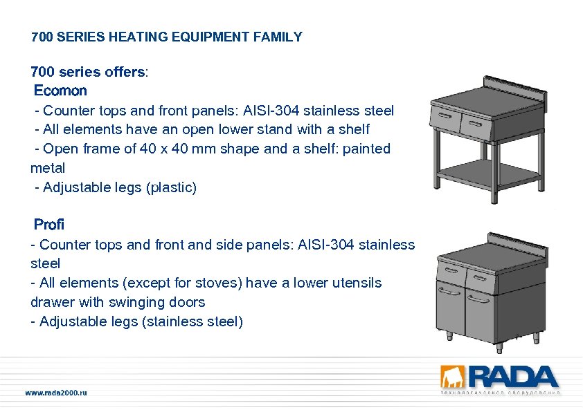 700 SERIES HEATING EQUIPMENT FAMILY 700 series offers: Ecomon - Counter tops and front