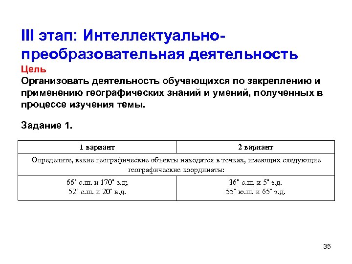 III этап: Интеллектуальнопреобразовательная деятельность Цель Организовать деятельность обучающихся по закреплению и применению географических знаний