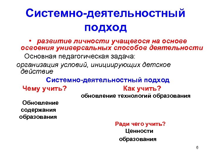 Системно-деятельностный подход • развитие личности учащегося на основе освоения универсальных способов деятельности Основная педагогическая
