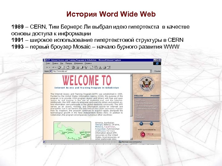История Word Wide Web 1989 – CERN, Тим Бернерс Ли выбрал идею гипертекста в