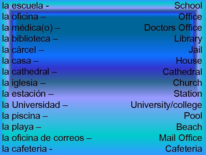 la escuela la oficina – la médica(o) – la biblioteca – la cárcel –