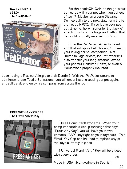 Product 341241 $34. 95 The “Pet. Petter” For the nesda. OHIOAN on the go,