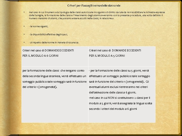 Criteri per l’accoglimento delle domande Nel caso in cui il numero e la tipologia