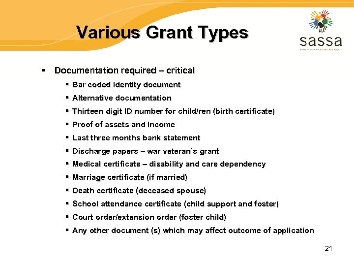 Various Grant Types § Documentation required – critical § Bar coded identity document §