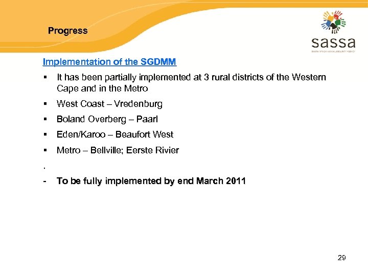 Progress Implementation of the SGDMM § It has been partially implemented at 3 rural