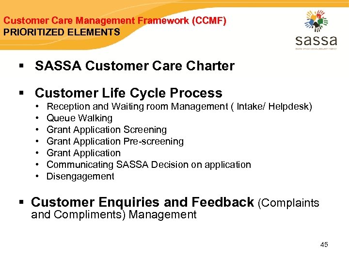 Customer Care Management Framework (CCMF) PRIORITIZED ELEMENTS § SASSA Customer Care Charter § Customer