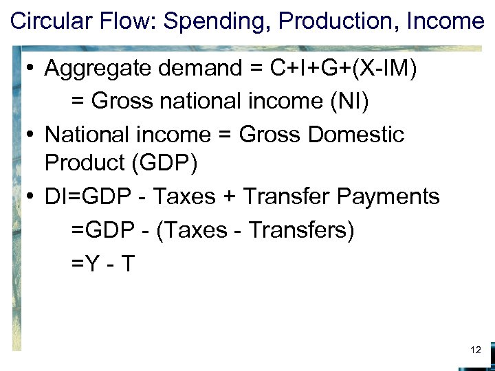 Circular Flow: Spending, Production, Income • Aggregate demand = C+I+G+(X-IM) = Gross national income