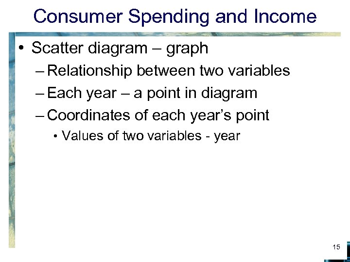 Consumer Spending and Income • Scatter diagram – graph – Relationship between two variables