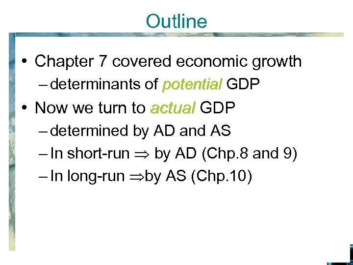 Outline • Chapter 7 covered economic growth – determinants of potential GDP • Now