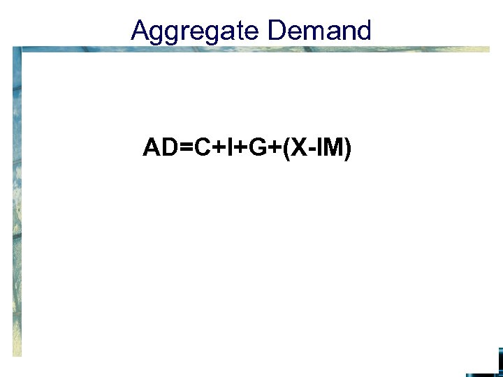 Aggregate Demand AD=C+I+G+(X-IM) 