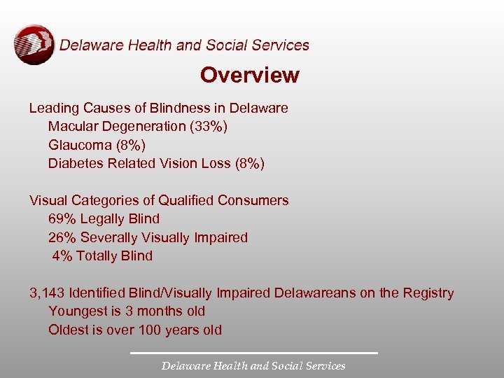 Overview Leading Causes of Blindness in Delaware Macular Degeneration (33%) Glaucoma (8%) Diabetes Related