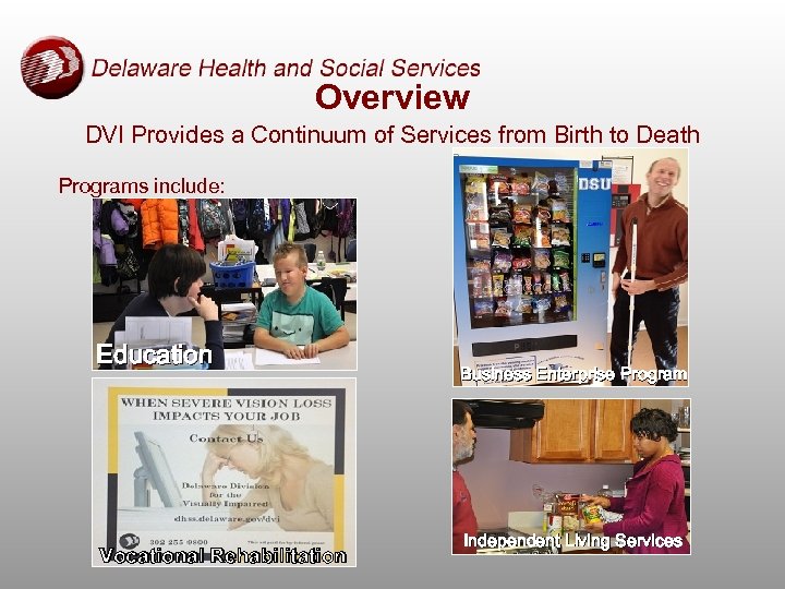 Overview DVI Provides a Continuum of Services from Birth to Death Programs include: Education