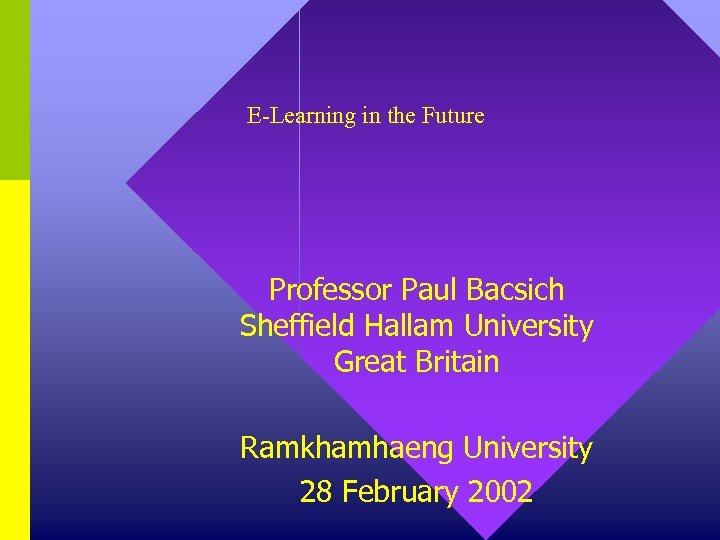 E-Learning in the Future Professor Paul Bacsich Sheffield Hallam University Great Britain Ramkhamhaeng University