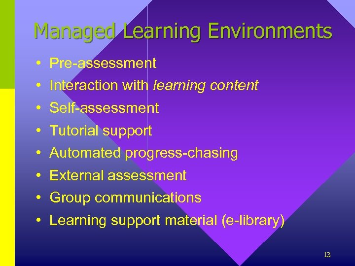 Managed Learning Environments • • Pre-assessment Interaction with learning content Self-assessment Tutorial support Automated