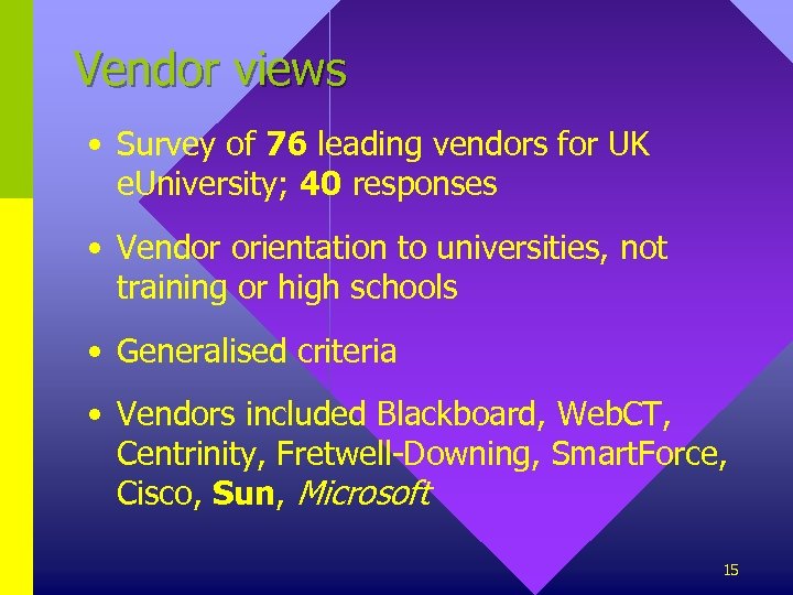 Vendor views • Survey of 76 leading vendors for UK e. University; 40 responses