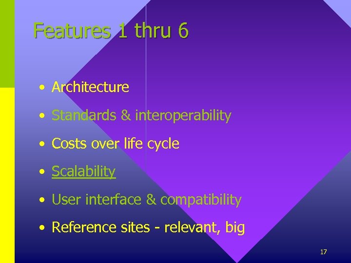 Features 1 thru 6 • Architecture • Standards & interoperability • Costs over life