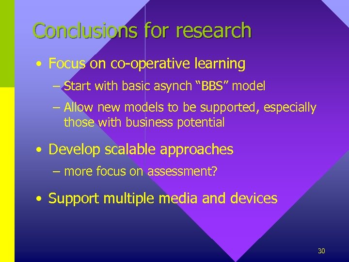 Conclusions for research • Focus on co-operative learning – Start with basic asynch “BBS”