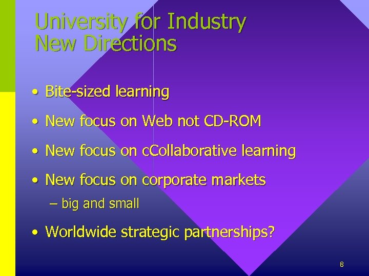 University for Industry New Directions • Bite-sized learning • New focus on Web not