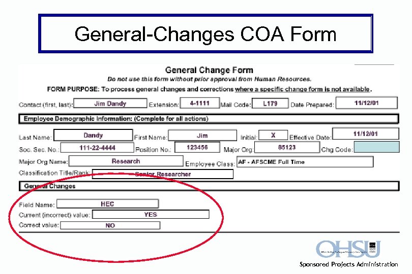 General-Changes COA Form Sponsored Projects Administration 