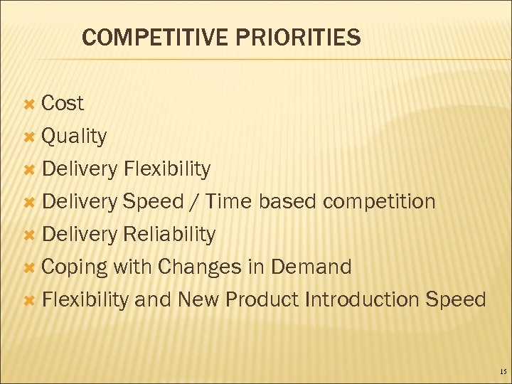COMPETITIVE PRIORITIES Cost Quality Delivery Flexibility Delivery Speed / Time based competition Delivery Reliability