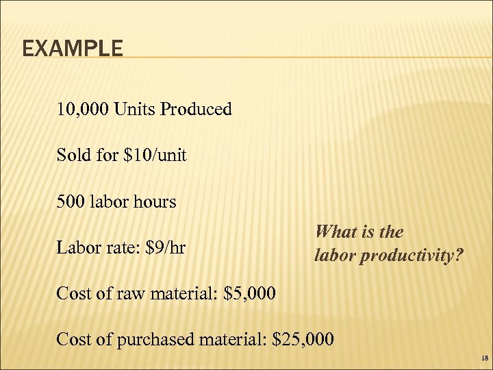 EXAMPLE 10, 000 Units Produced Sold for $10/unit 500 labor hours Labor rate: $9/hr