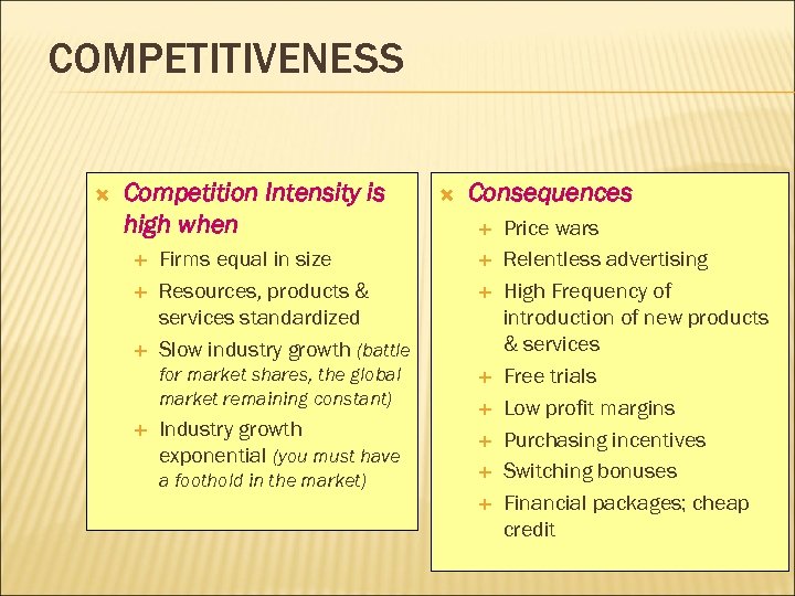 COMPETITIVENESS Competition Intensity is high when Consequences Firms equal in size Resources, products &