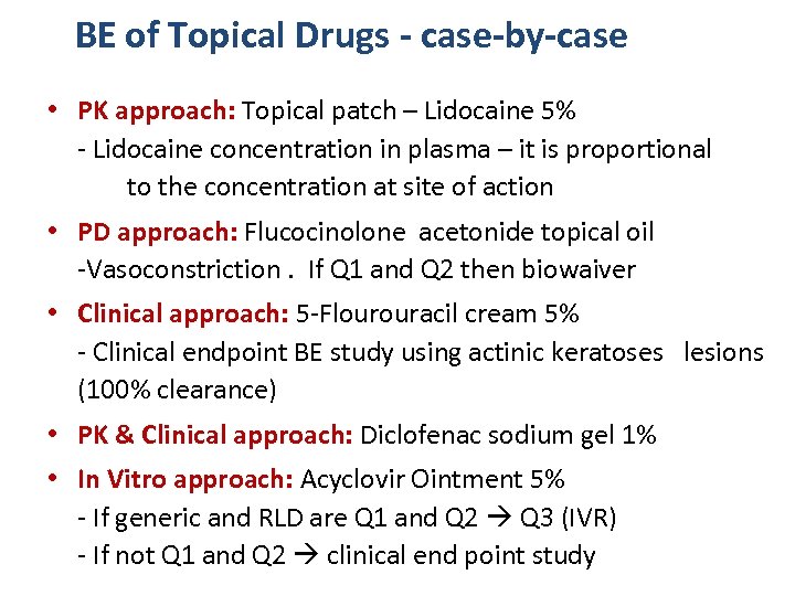 BE of Topical Drugs - case-by-case • PK approach: Topical patch – Lidocaine 5%