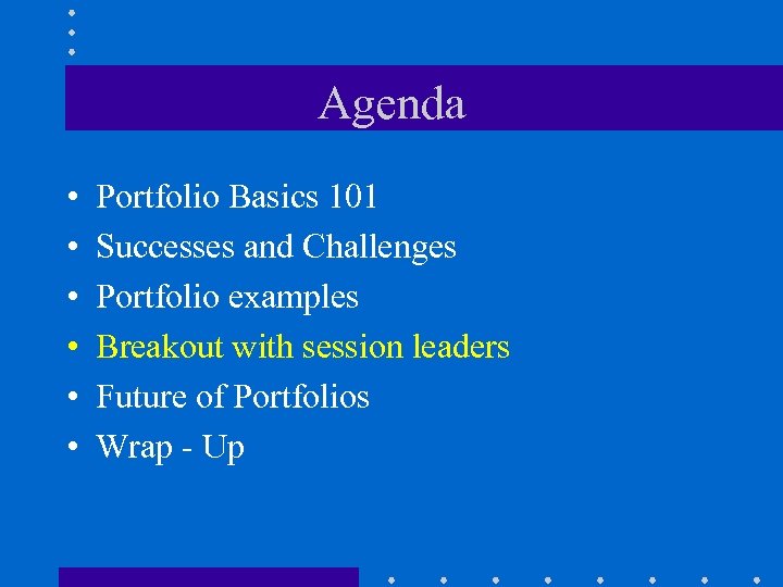 Agenda • • • Portfolio Basics 101 Successes and Challenges Portfolio examples Breakout with