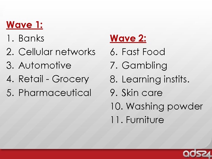Wave 1: 1. Banks 2. Cellular networks 3. Automotive 4. Retail - Grocery 5.