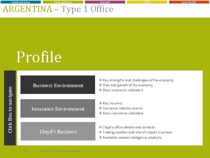 North America Latin America Europe ARGENTINA – Type 1 Office IMEA Asia Pacific Profile