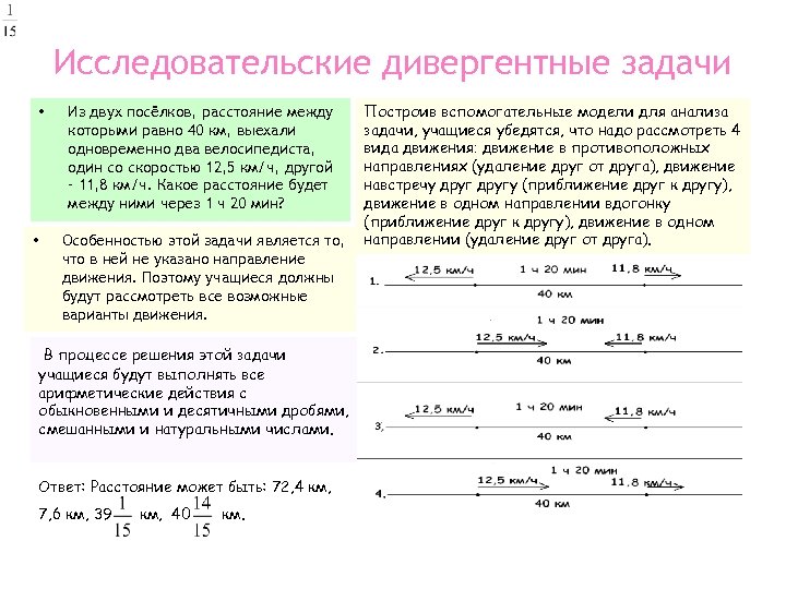 Исследовательские дивергентные задачи • • Из двух посёлков, расстояние между которыми равно 40 км,