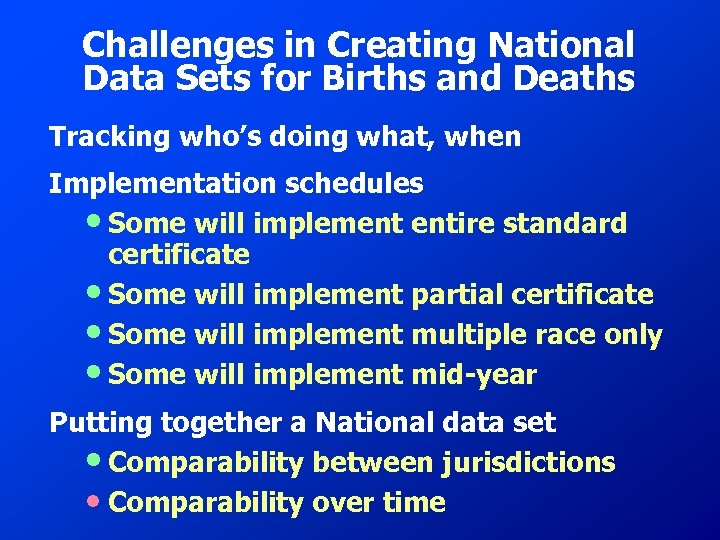 Challenges in Creating National Data Sets for Births and Deaths Tracking who’s doing what,