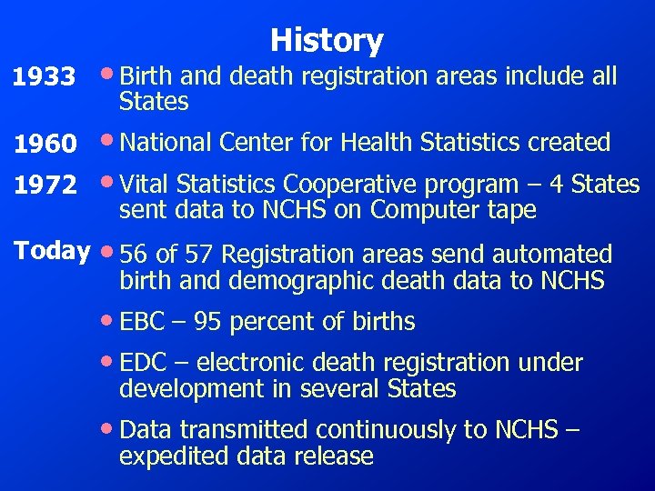 History 1933 • Birth and death registration areas include all 1960 1972 • National