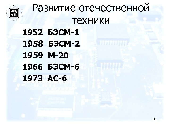Развитие отечественной техники 1952 1958 1959 1966 1973 БЭСМ-1 БЭСМ-2 М-20 БЭСМ-6 АС-6 16
