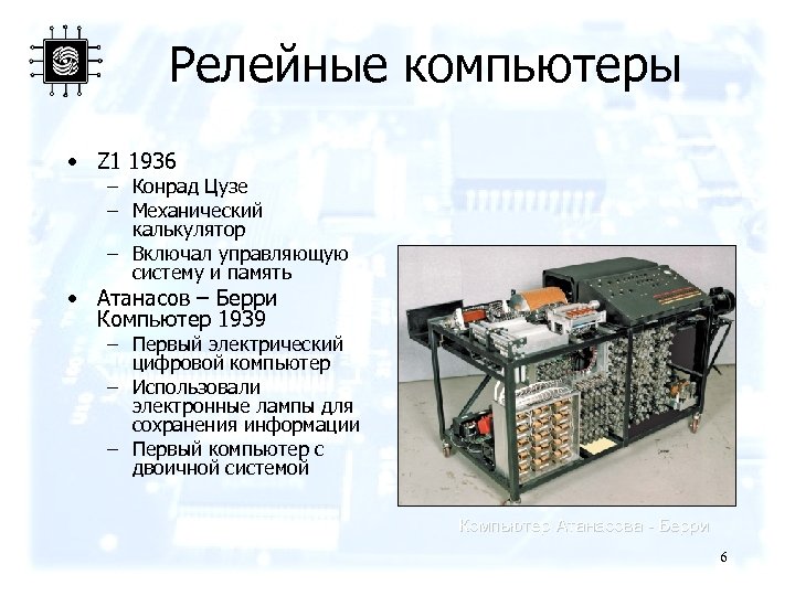Релейные компьютеры • Z 1 1936 – Конрад Цузе – Механический калькулятор – Включал
