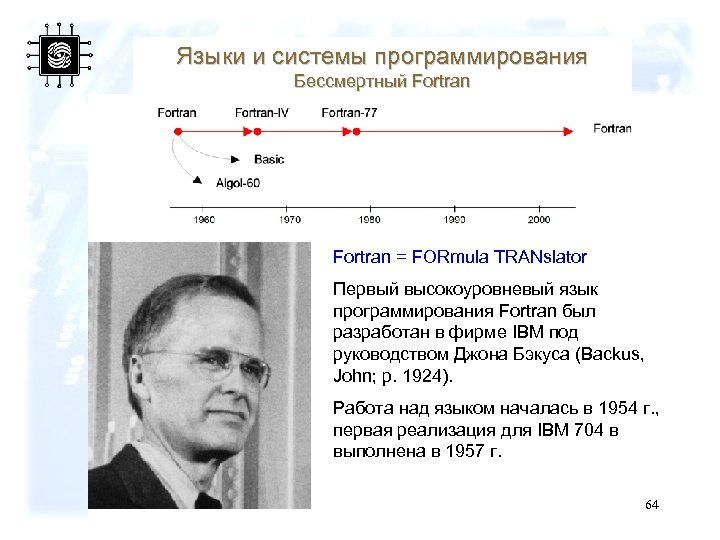 Языки и системы программирования Бессмертный Fortran = FORmula TRANslator Первый высокоуровневый язык программирования Fortran