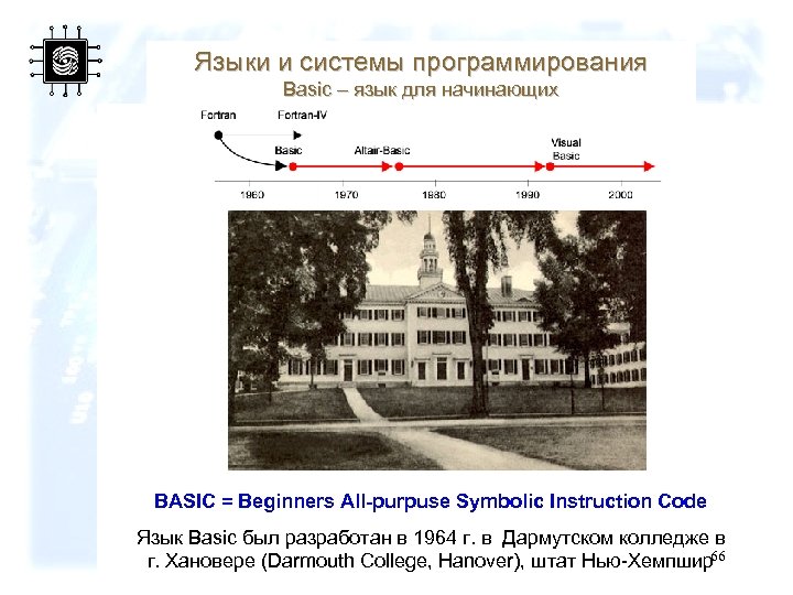 Языки и системы программирования Basic – язык для начинающих BASIC = Beginners All-purpuse Symbolic