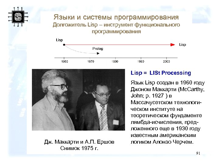 Языки и системы программирования Долгожитель Lisp – инструмент функционального программирования Lisp = LISt Processing