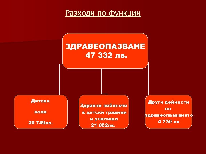 Разходи по функции ЗДРАВЕОПАЗВАНЕ 47 332 лв. Детски ясли 20 740 лв. Здравни кабинети