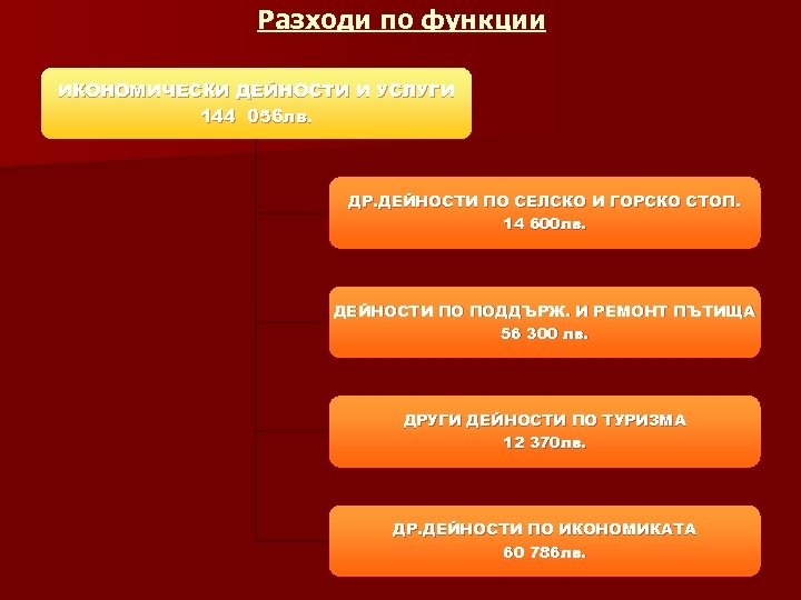 Разходи по функции ИКОНОМИЧЕСКИ ДЕЙНОСТИ И УСЛУГИ 144 056 лв. ДР. ДЕЙНОСТИ ПО СЕЛСКО