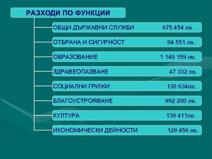 РАЗХОДИ ПО ФУНКЦИИ ОБЩИ ДЪРЖАВНИ СЛУЖБИ ОТБРАНА И СИГУРНОСТ ОБРАЗОВАНИЕ 675 454 лв. 84