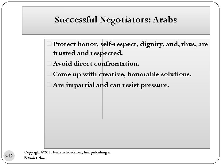 Successful Negotiators: Arabs q Protect honor, self-respect, dignity, and, thus, are trusted and respected.