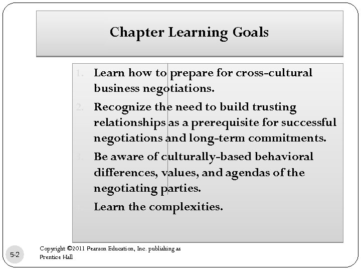 Chapter Learning Goals 1. Learn how to prepare for cross-cultural business negotiations. 2. Recognize